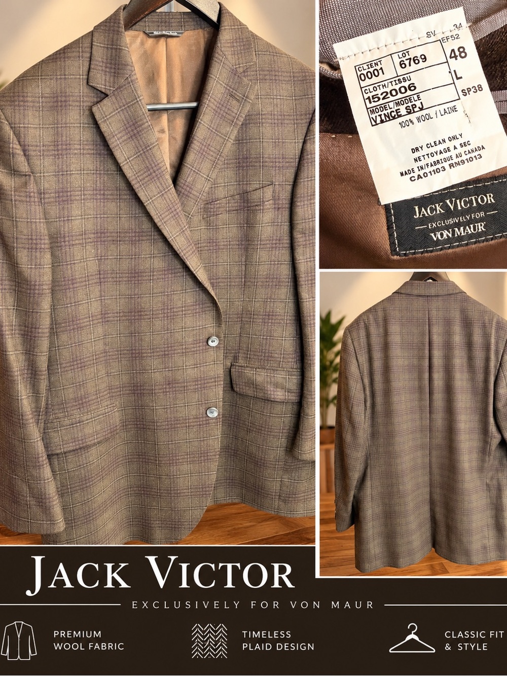 Jack Victor 48L Men’s 100% Wool Plaid Sport Coat Blazer